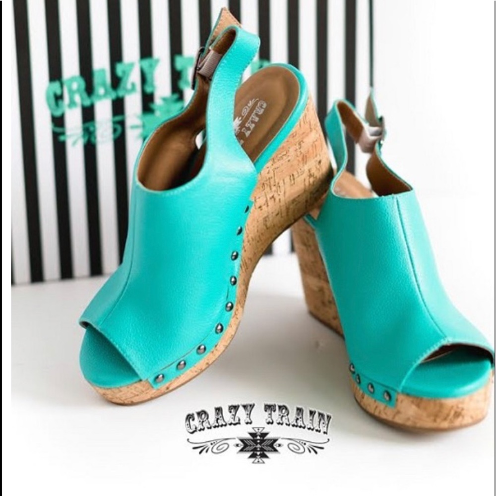 CRAZY TRAIN TURQUOISE WEDGE WITH ELASTIC SLIP ON